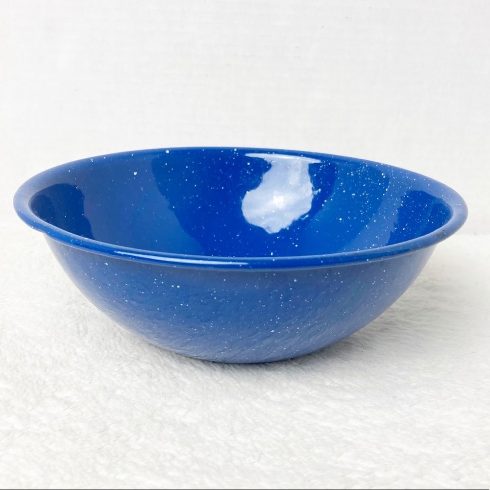 Graniteware enameled metal blue speckled bowl